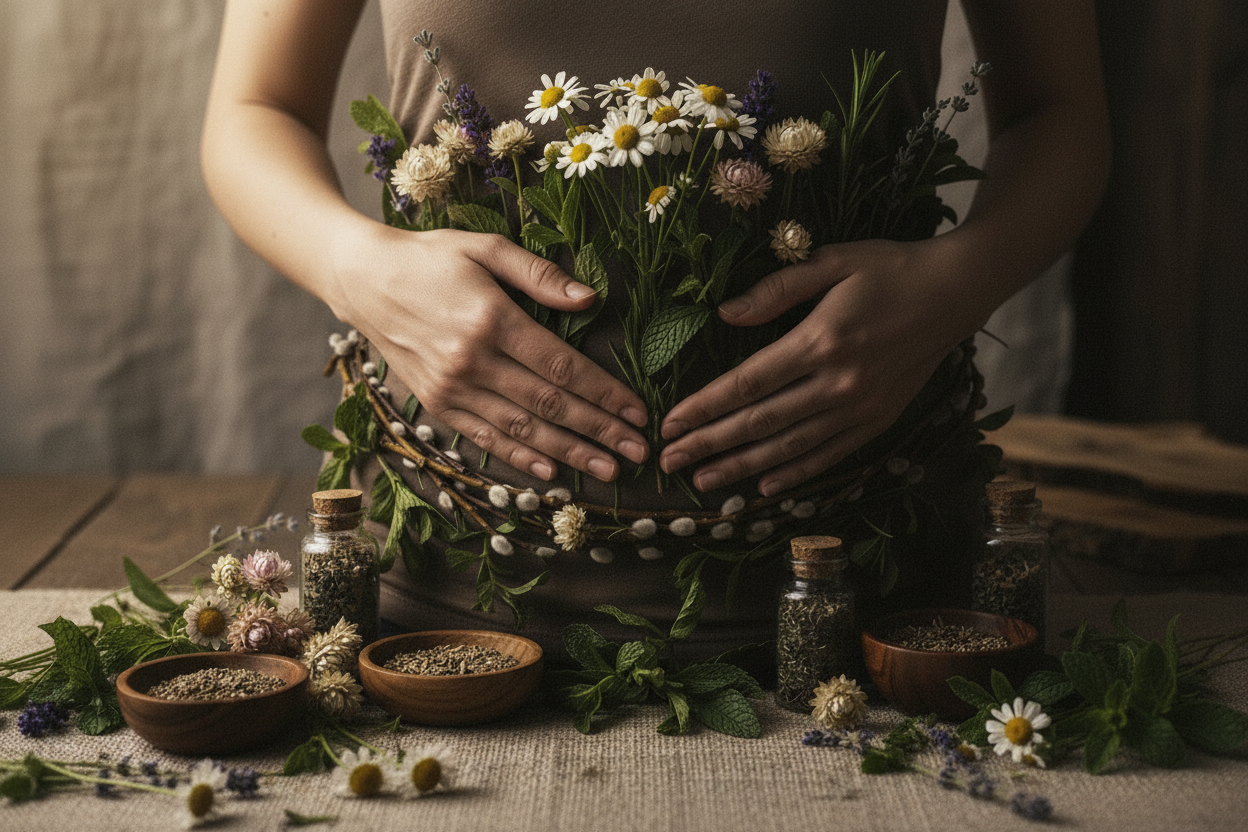 woman with herbs in front of her tummy that can be used in tea for digestion Apotheka Herbal