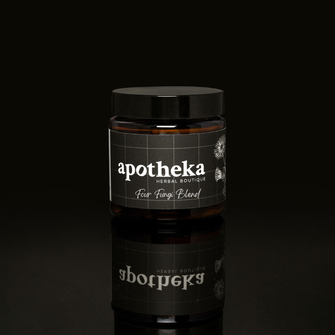 four fungi blend in apotheka branded glass jar  Apotheka Herbal