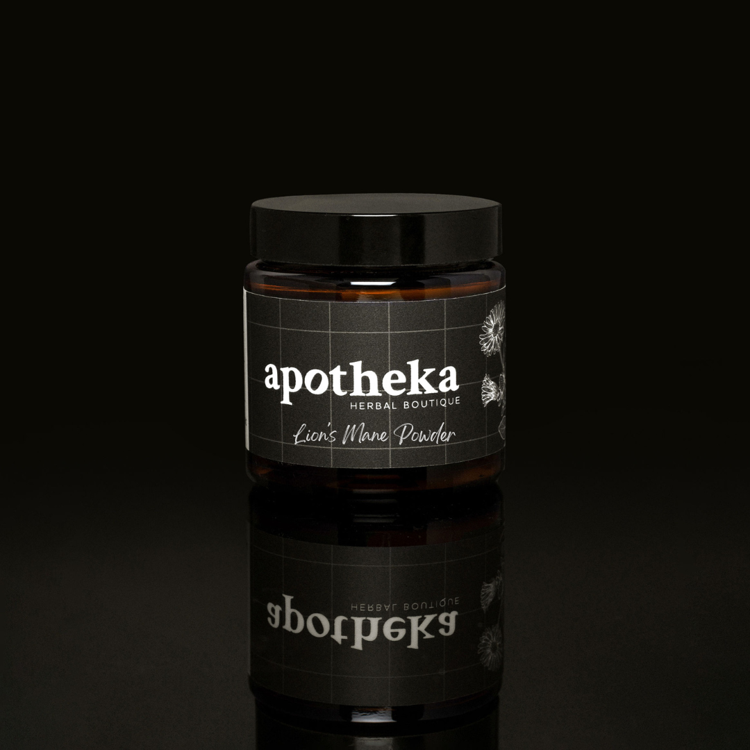 lion's mane mushroom powder in apotheka branded jar Apotheka Herbal