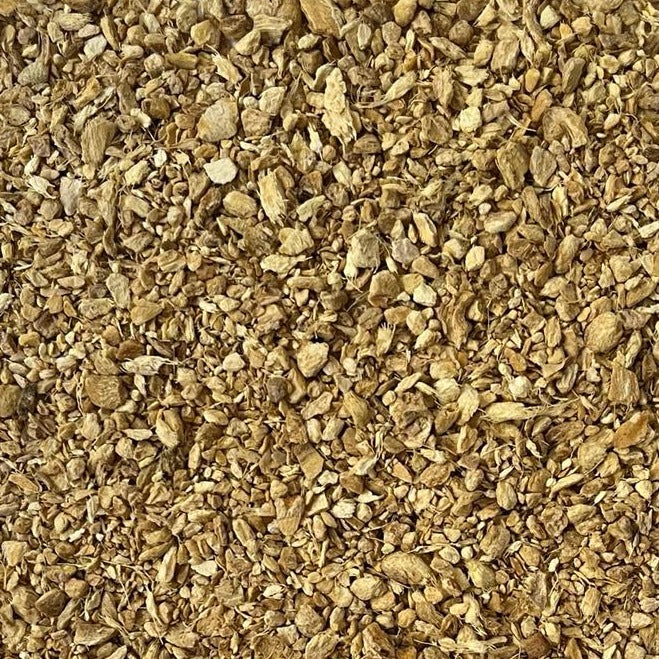 closeup of dried organic ginger root Apotheka Herbal