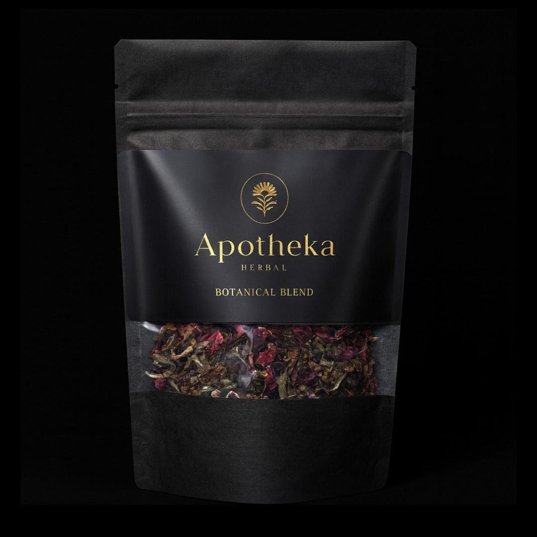 Tea for intution in black packaging with the apotheka logo and with visible herbs inside.